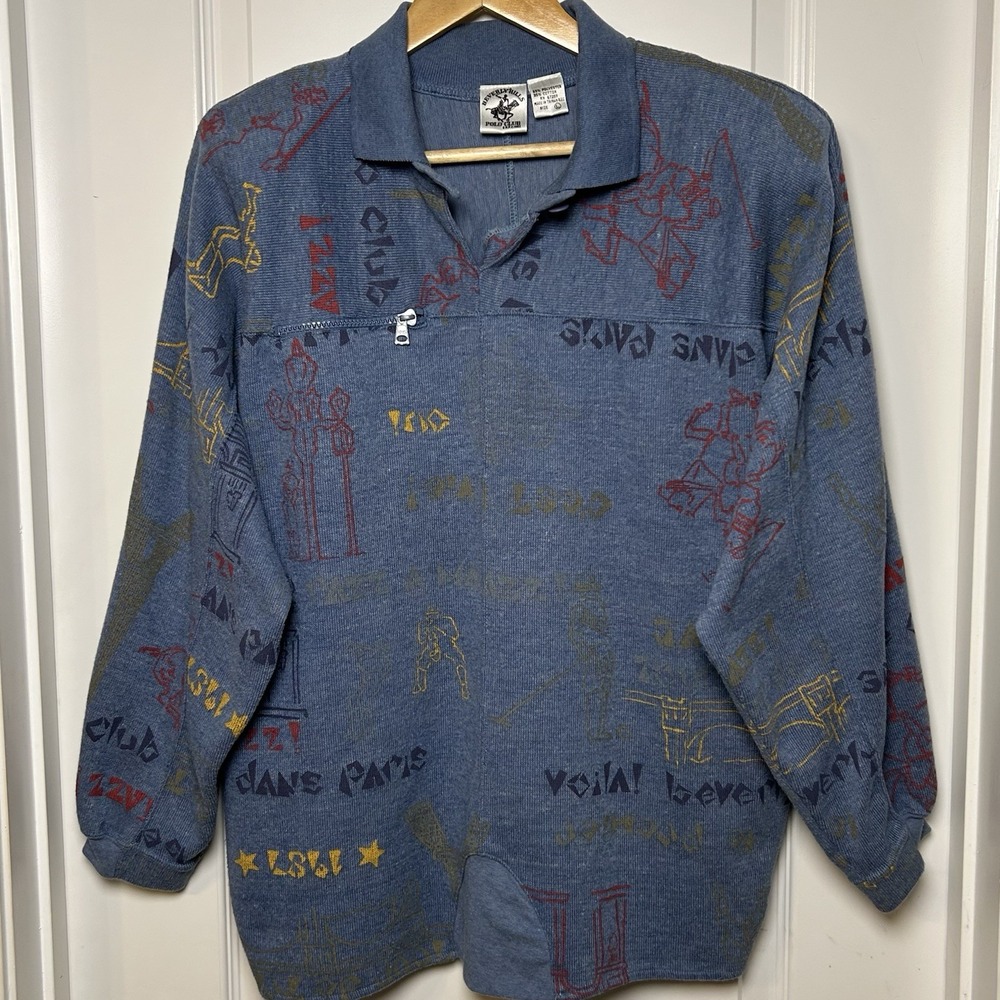 Beverly Hills Polo Club Vintage Long Sleeve Blue Attraction Graffiti Print Shirt